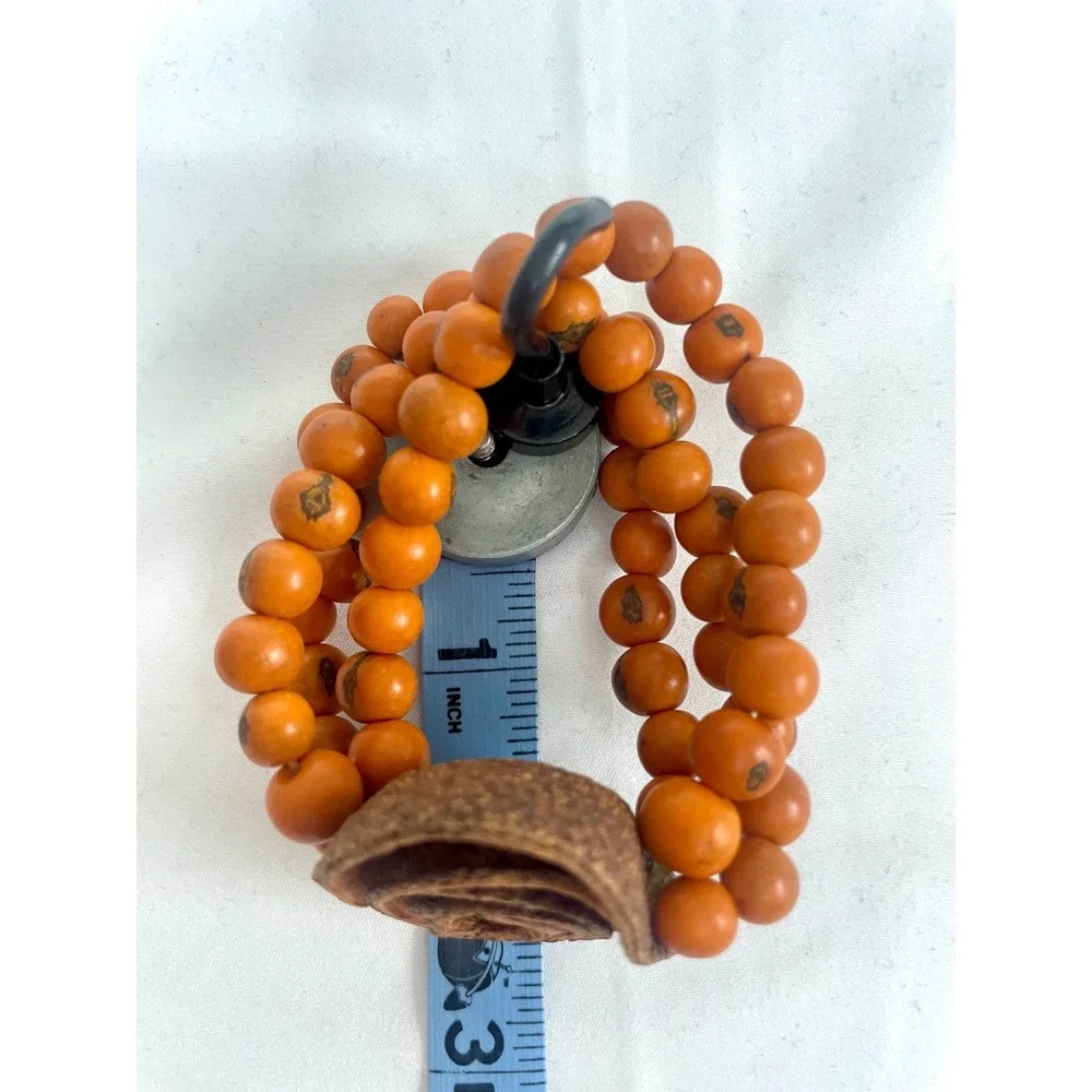 Boho Wood Bead Bracelet with Natural flower‎ Pod Accent - Stretchy orange